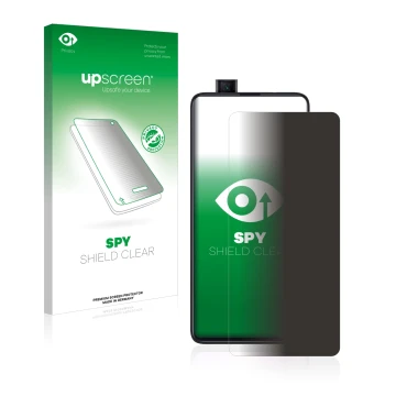 Parte frontal de un envase de producto con el logotipo de la marca upscreen. Al lado se muestra el dispositivo Xiaomi Mi 9T Pr