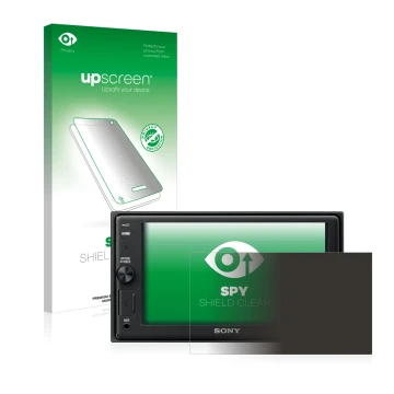 Parte frontal de un envase de producto con el logotipo de la marca upscreen. Al lado se muestra el dispositivo Sony XAV-AX1005