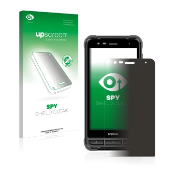 Parte frontal de un envase de producto con el logotipo de la marca upscreen. Al lado se muestra el dispositivo Cyrus CS22 XA c
