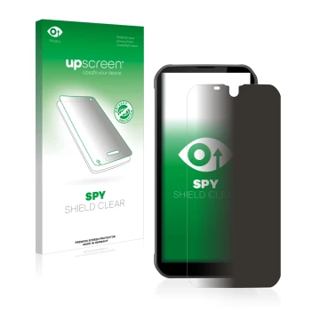 Parte frontal de un envase de producto con el logotipo de la marca upscreen. Al lado se muestra el dispositivo Gigaset GX290 c