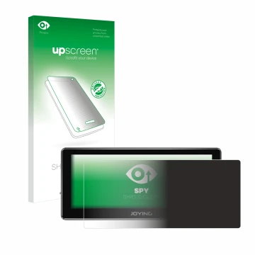 Parte frontal de un envase de producto con el logotipo de la marca upscreen. Al lado se muestra el dispositivo Joying 4G Car R