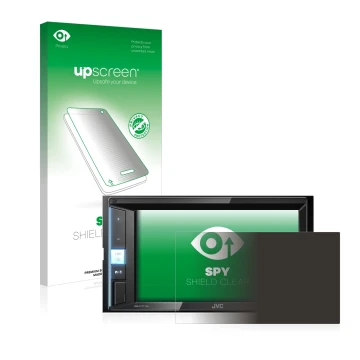 Parte frontal de un envase de producto con el logotipo de la marca upscreen. Al lado se muestra el dispositivo JVC KW-M450BT c