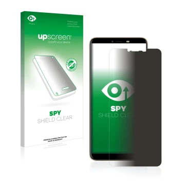 Parte frontal de un envase de producto con el logotipo de la marca upscreen. Al lado se muestra el dispositivo Tecno Spark 2 c