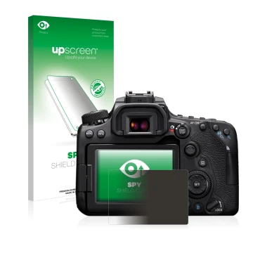 Parte frontal de un envase de producto con el logotipo de la marca upscreen. Al lado se muestra el dispositivo Canon EOS 90D c