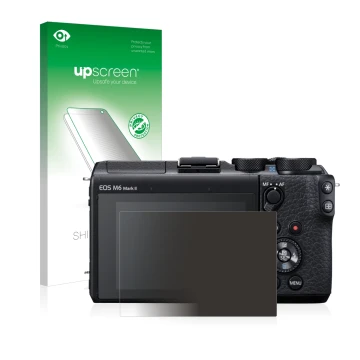 Parte frontal de un envase de producto con el logotipo de la marca upscreen. Al lado se muestra el dispositivo Canon EOS M6 Ma