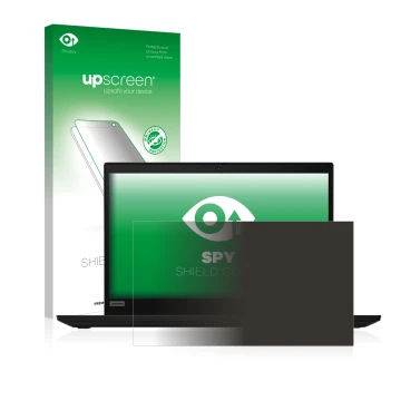 Parte frontal de un envase de producto con el logotipo de la marca upscreen. Al lado se muestra el dispositivo Lenovo ThinkPad