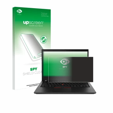 Parte frontal de un envase de producto con el logotipo de la marca upscreen. Al lado se muestra el dispositivo Lenovo ThinkPad
