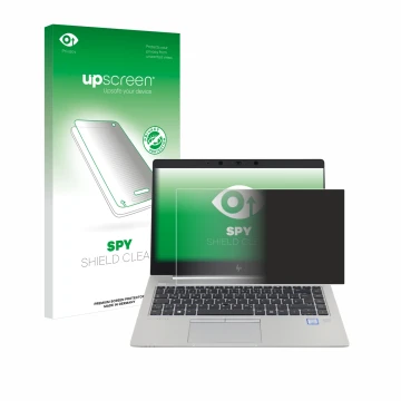 Parte frontal de un envase de producto con el logotipo de la marca upscreen. Al lado se muestra el dispositivo HP EliteBook 84