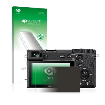 Parte frontal de un envase de producto con el logotipo de la marca upscreen. Al lado se muestra el dispositivo Sony Alpha 6600