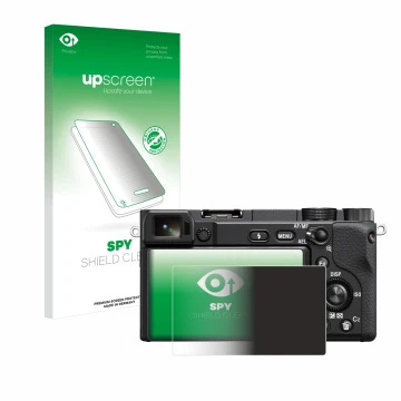 Parte frontal de un envase de producto con el logotipo de la marca upscreen. Al lado se muestra el dispositivo Sony Alpha 6100