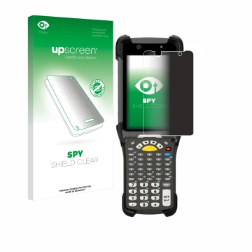 Parte frontal de un envase de producto con el logotipo de la marca upscreen. Al lado se muestra el dispositivo Zebra MC9300 co