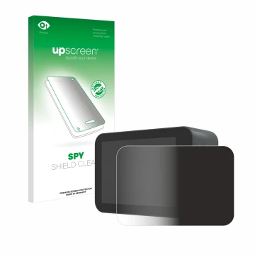 Parte frontal de un envase de producto con el logotipo de la marca upscreen. Al lado se muestra el dispositivo Akaso V50X con 
