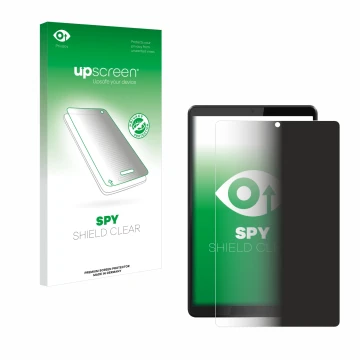 Parte frontal de un envase de producto con el logotipo de la marca upscreen. Al lado se muestra el dispositivo Lenovo Tab M8 c