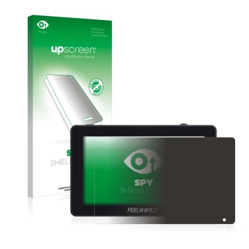 Parte frontal de un envase de producto con el logotipo de la marca upscreen. Al lado se muestra el dispositivo Feelworld F6 Pl