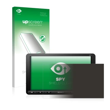 Parte frontal de un envase de producto con el logotipo de la marca upscreen. Al lado se muestra el dispositivo Sony XAV-AX8050