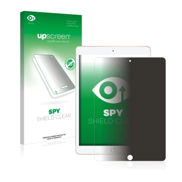 Parte frontal de un envase de producto con el logotipo de la marca upscreen. Al lado se muestra el dispositivo Apple iPad 10.2