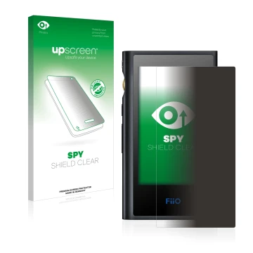 Parte frontal de un envase de producto con el logotipo de la marca upscreen. Al lado se muestra el dispositivo FiiO M9 con su 