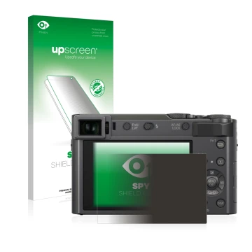 Parte frontal de un envase de producto con el logotipo de la marca upscreen. Al lado se muestra el dispositivo Panasonic Lumix