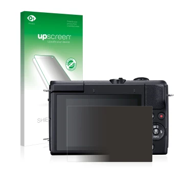 Parte frontal de un envase de producto con el logotipo de la marca upscreen. Al lado se muestra el dispositivo Canon EOS M200 