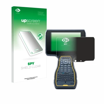 Parte frontal de un envase de producto con el logotipo de la marca upscreen. Al lado se muestra el dispositivo Trimble TSC7 Co