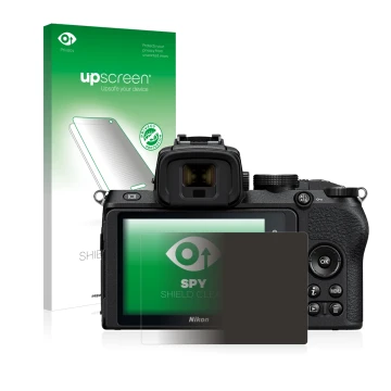 Parte frontal de un envase de producto con el logotipo de la marca upscreen. Al lado se muestra el dispositivo Nikon Z 50 con 