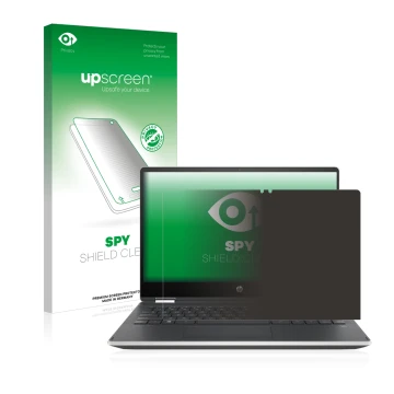 Parte frontal de un envase de producto con el logotipo de la marca upscreen. Al lado se muestra el dispositivo HP Pavilion x36