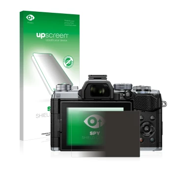 Parte frontal de un envase de producto con el logotipo de la marca upscreen. Al lado se muestra el dispositivo Olympus OM-D E-