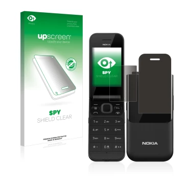 Parte frontal de un envase de producto con el logotipo de la marca upscreen. Al lado se muestra el dispositivo Nokia 2720 Flip