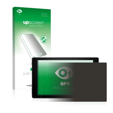 Parte frontal de un envase de producto con el logotipo de la marca upscreen. Al lado se muestra el dispositivo Amazon Fire HD 