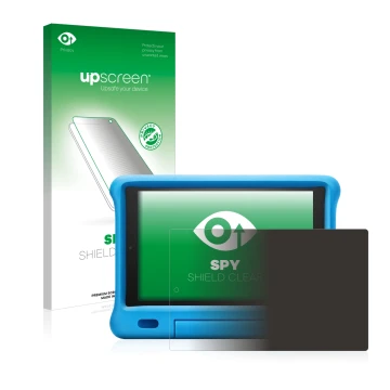 Parte frontal de un envase de producto con el logotipo de la marca upscreen. Al lado se muestra el dispositivo Amazon Fire HD 