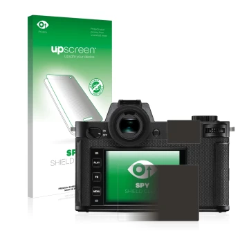Parte frontal de un envase de producto con el logotipo de la marca upscreen. Al lado se muestra el dispositivo Leica SL2 con s