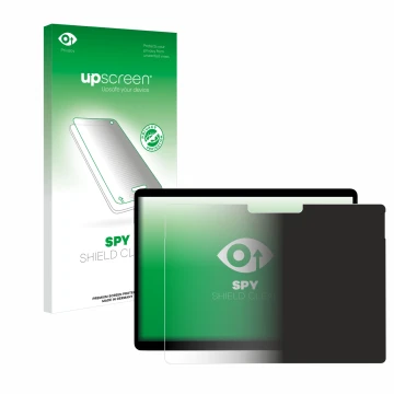 Parte frontal de un envase de producto con el logotipo de la marca upscreen. Al lado se muestra el dispositivo Microsoft Surfa
