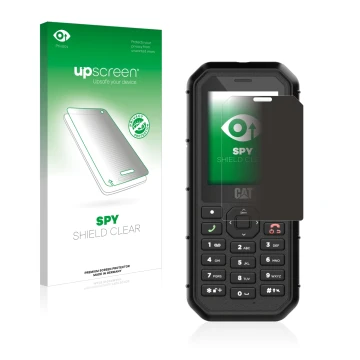 Parte frontal de un envase de producto con el logotipo de la marca upscreen. Al lado se muestra el dispositivo Caterpillar Cat