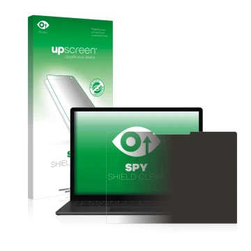 Parte frontal de un envase de producto con el logotipo de la marca upscreen. Al lado se muestra el dispositivo Microsoft Surfa