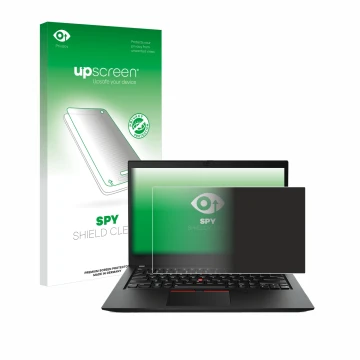 Parte frontal de un envase de producto con el logotipo de la marca upscreen. Al lado se muestra el dispositivo Lenovo ThinkPad