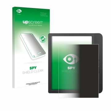 Parte frontal de un envase de producto con el logotipo de la marca upscreen. Al lado se muestra el dispositivo Tolino Vision 5