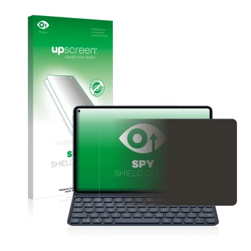 Parte frontal de un envase de producto con el logotipo de la marca upscreen. Al lado se muestra el dispositivo Huawei MatePad 