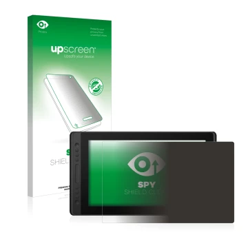 Parte frontal de un envase de producto con el logotipo de la marca upscreen. Al lado se muestra el dispositivo Huion Kamvas Pr
