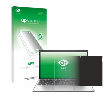 Parte frontal de un envase de producto con el logotipo de la marca upscreen. Al lado se muestra el dispositivo HP Elite x2 G4 