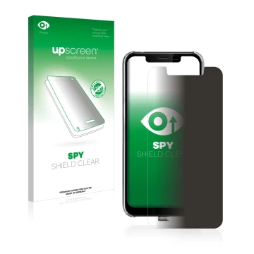 Parte frontal de un envase de producto con el logotipo de la marca upscreen. Al lado se muestra el dispositivo Gigaset GS195LS