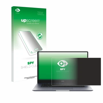 Parte frontal de un envase de producto con el logotipo de la marca upscreen. Al lado se muestra el dispositivo Honor MagicBook