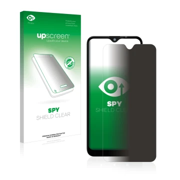 Parte frontal de un envase de producto con el logotipo de la marca upscreen. Al lado se muestra el dispositivo Gigaset GS110 c