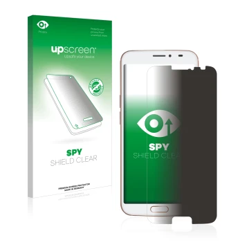 Parte frontal de un envase de producto con el logotipo de la marca upscreen. Al lado se muestra el dispositivo Doro 8080 con s