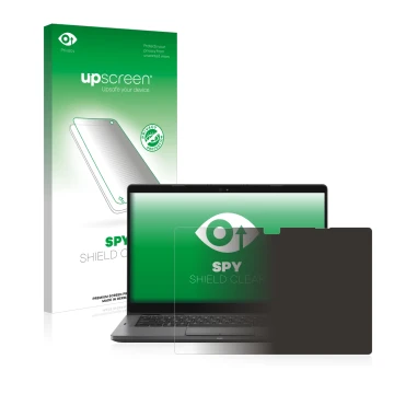 Parte frontal de un envase de producto con el logotipo de la marca upscreen. Al lado se muestra el dispositivo Dell Latitude 5