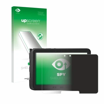 Parte frontal de un envase de producto con el logotipo de la marca upscreen. Al lado se muestra el dispositivo Samsung Galaxy 