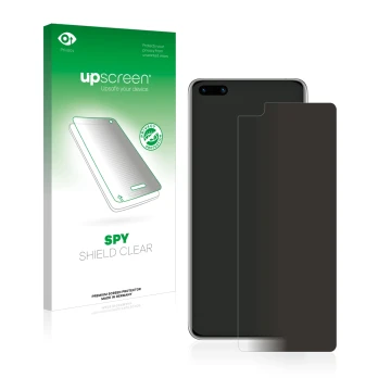 Parte frontal de un envase de producto con el logotipo de la marca upscreen. Al lado se muestra el dispositivo Huawei P40 con 