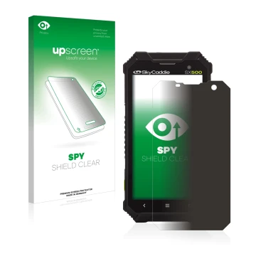 Parte frontal de un envase de producto con el logotipo de la marca upscreen. Al lado se muestra el dispositivo SkyCaddie SX500