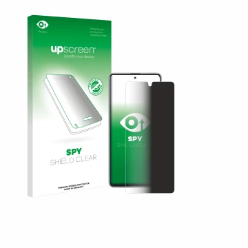 Parte frontal de un envase de producto con el logotipo de la marca upscreen. Al lado se muestra el dispositivo Samsung Galaxy 