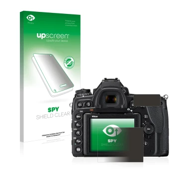 Parte frontal de un envase de producto con el logotipo de la marca upscreen. Al lado se muestra el dispositivo Nikon D780 con 