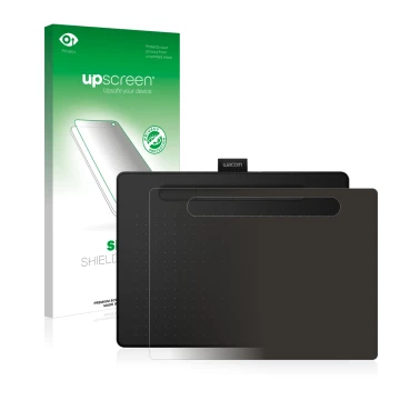Parte frontal de un envase de producto con el logotipo de la marca upscreen. Al lado se muestra el dispositivo Wacom Intuos M 